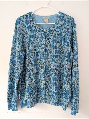 L.L .Bean Blue Floral 100% Cotton Button Cardigan Sweater Grandmacore Size 1X